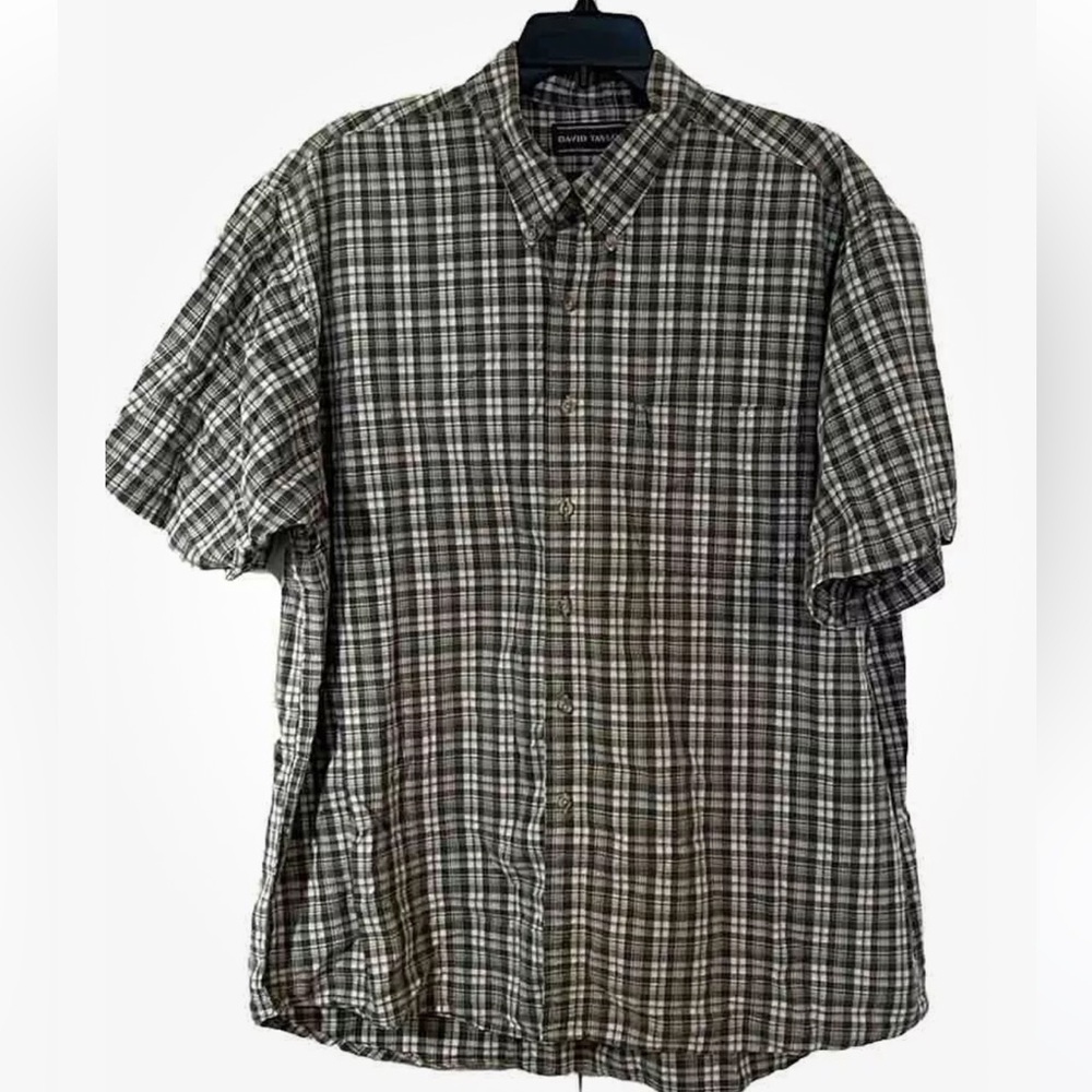 David Taylor Short Sleeve Green Cream Plaid Short Sleeve Button Sz 2 XL